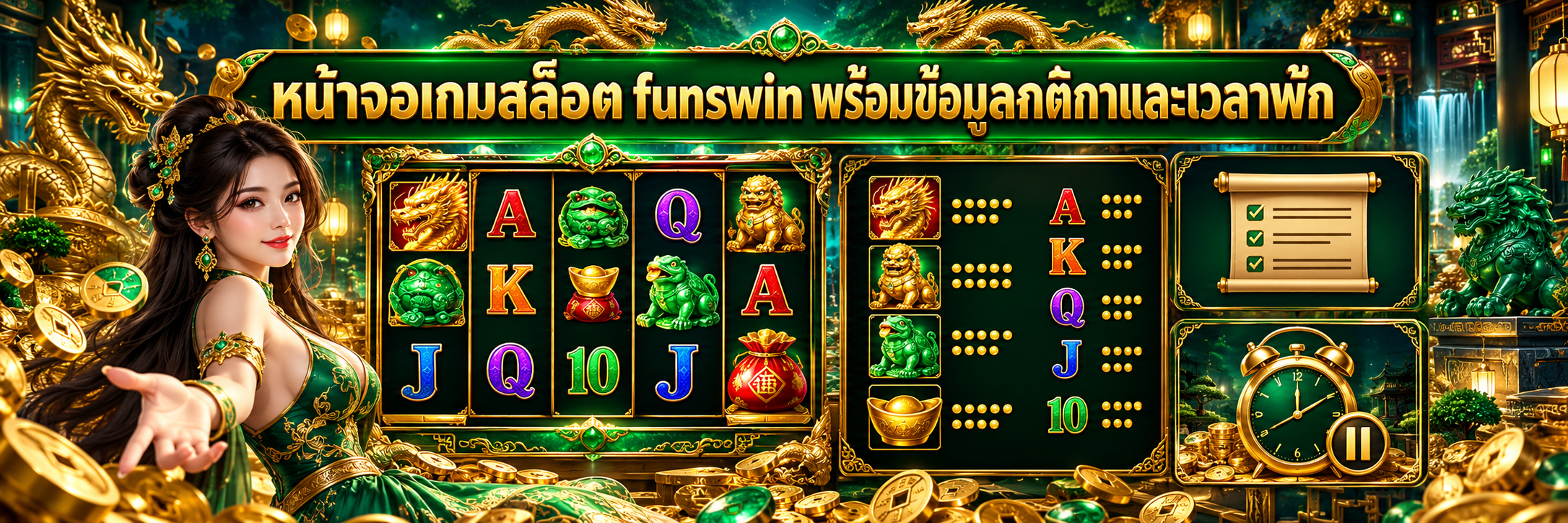 หน้าจอเกมสล็อต funswin พร้อมข้อมูลกติกาและเวลาพัก