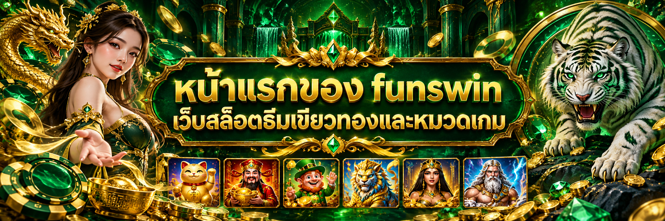 หน้าแรกของ funswin เว็บสล็อตธีมเขียวทองและหมวดเกม